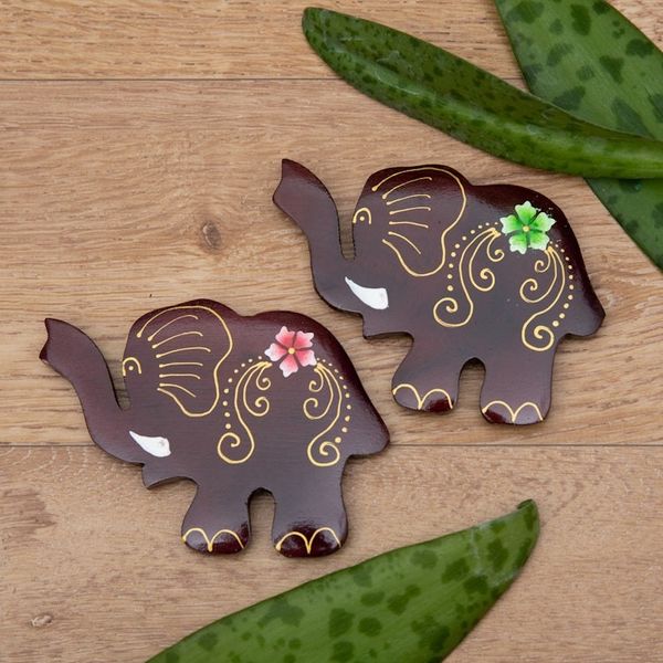 Alternate image for Set of 2 Hand-Painted Floral Elephant-Shaped Wood Magnets Paradisial Elephants