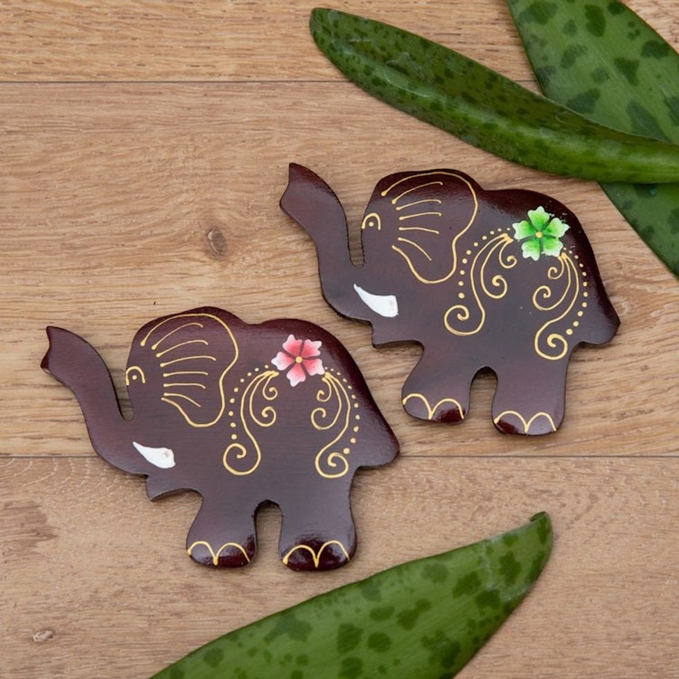 Set of 2 Hand-Painted Floral Elephant-Shaped Wood Magnets 'Paradisial Elephants'