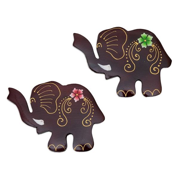 Alternate image for Set of 2 Hand-Painted Floral Elephant-Shaped Wood Magnets Paradisial Elephants