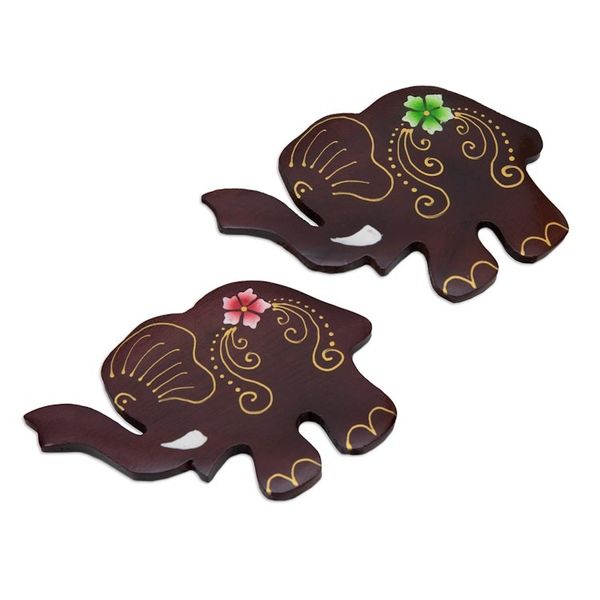 Alternate image for Set of 2 Hand-Painted Floral Elephant-Shaped Wood Magnets Paradisial Elephants