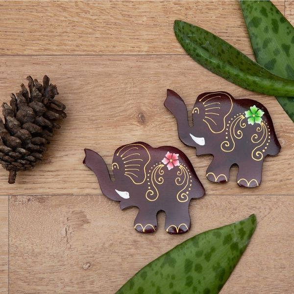 Alternate image for Set of 2 Hand-Painted Floral Elephant-Shaped Wood Magnets Paradisial Elephants