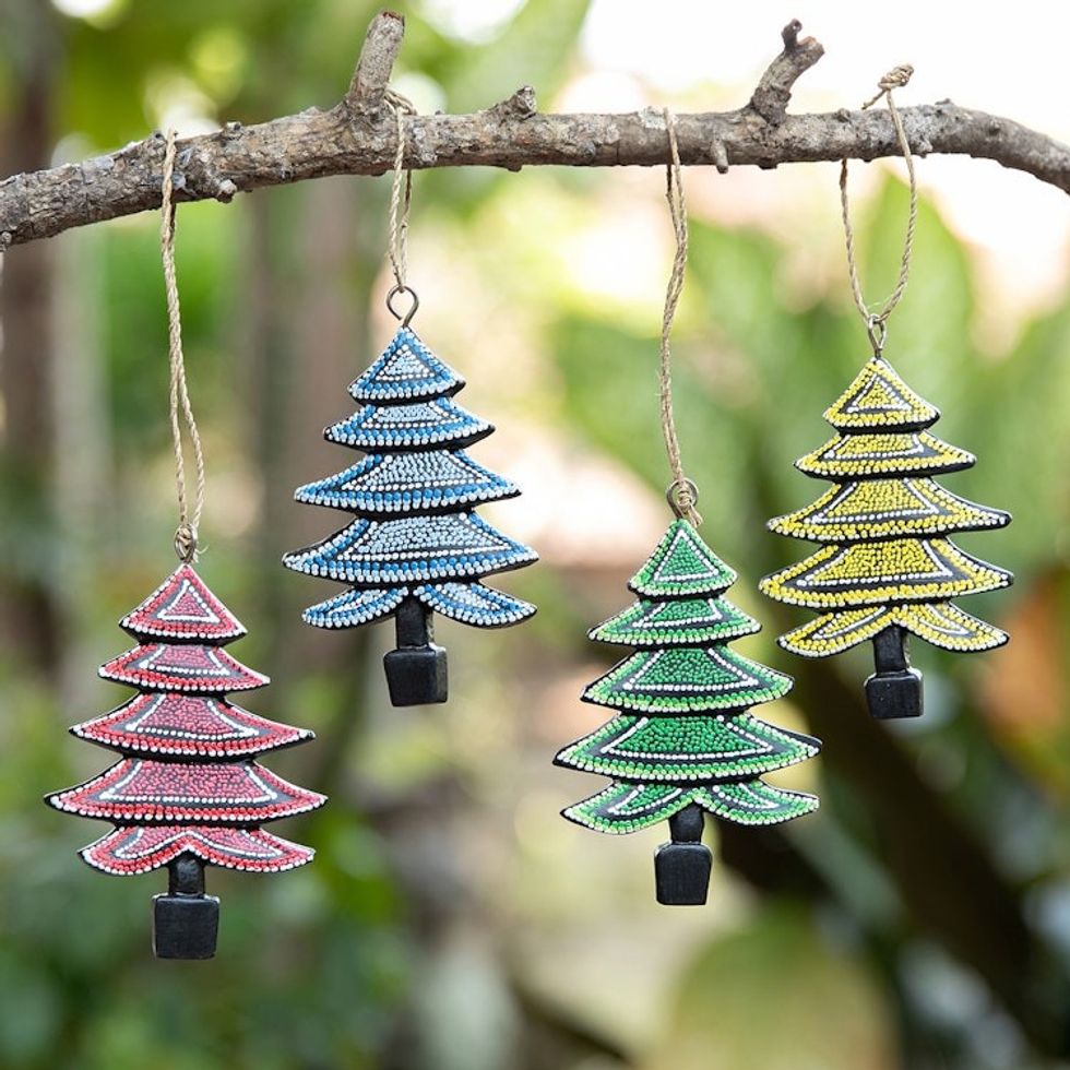 Set of 4 Handcrafted Colorful Albesia Wood Tree Ornaments 'Island's Forest'