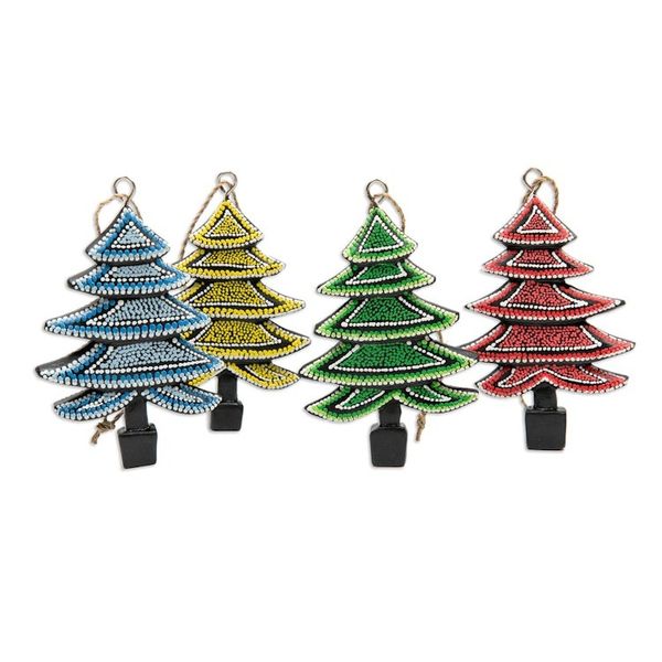Alternate image for Set of 4 Handcrafted Colorful Albesia Wood Tree Ornaments Islands Forest
