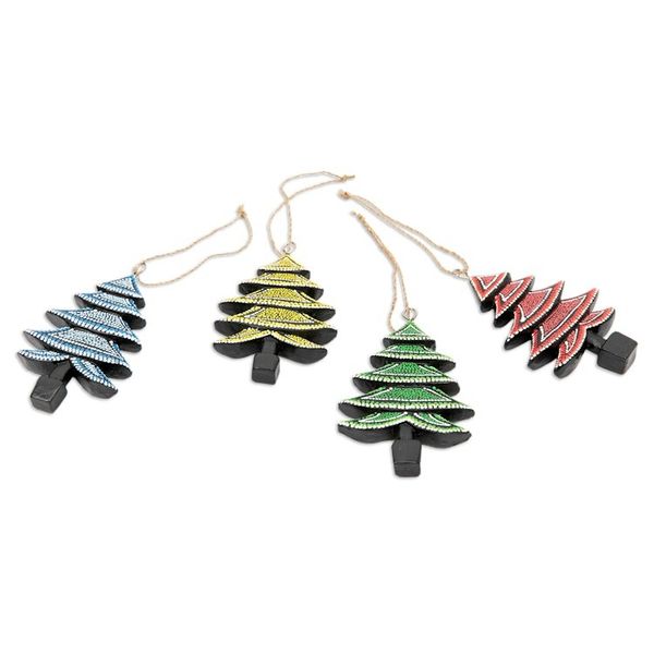 Alternate image for Set of 4 Handcrafted Colorful Albesia Wood Tree Ornaments Islands Forest