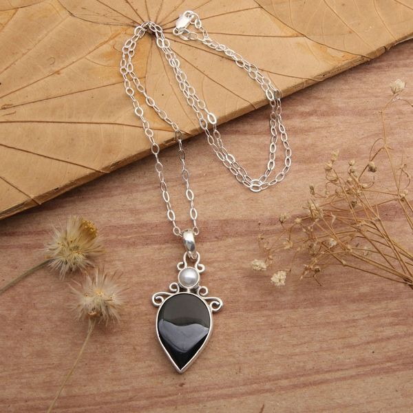 Alternate image for 925 Silver Onyx Cultured Pearl Pendant Necklace from Bali Night and Day