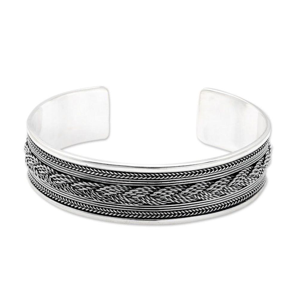 Sterling Silver Cuff Bracelet with Balinese Braided Motifs 'Tropical Luxury'