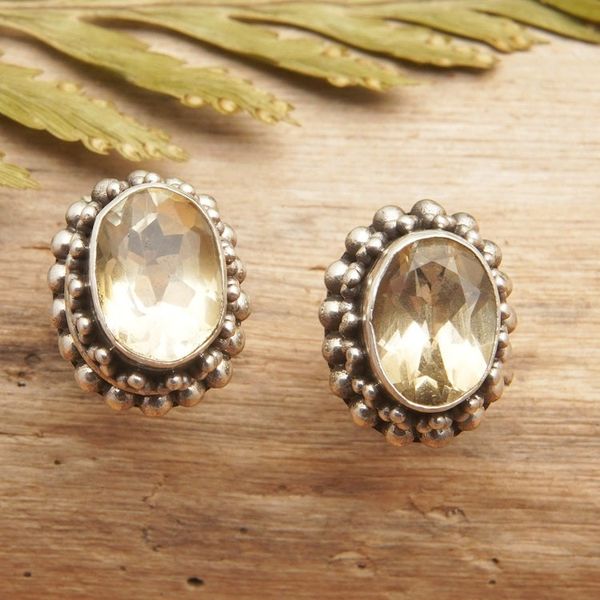 Alternate image for Sterling Silver Stud Earrings with Oval Citrine Gems Yellow Maiden