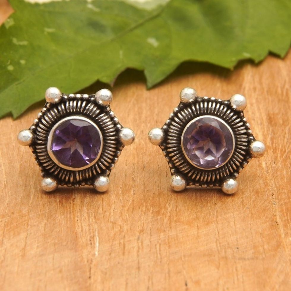 Polished Amethyst Stud Earrings Crafted from Sterling Silver 'Purple Universe'