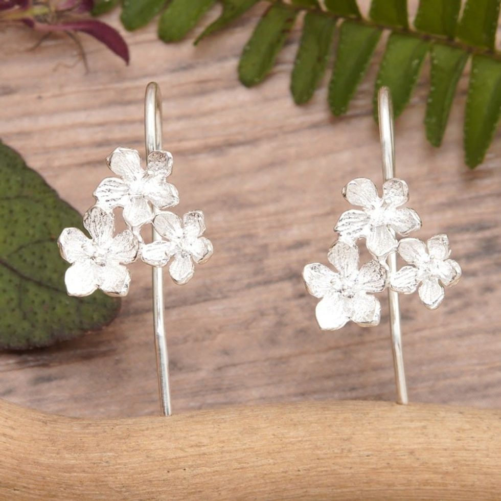 Floral Brushed-Satin Sterling Silver Drop Earrings from Bali 'Sweetness Bouquet'