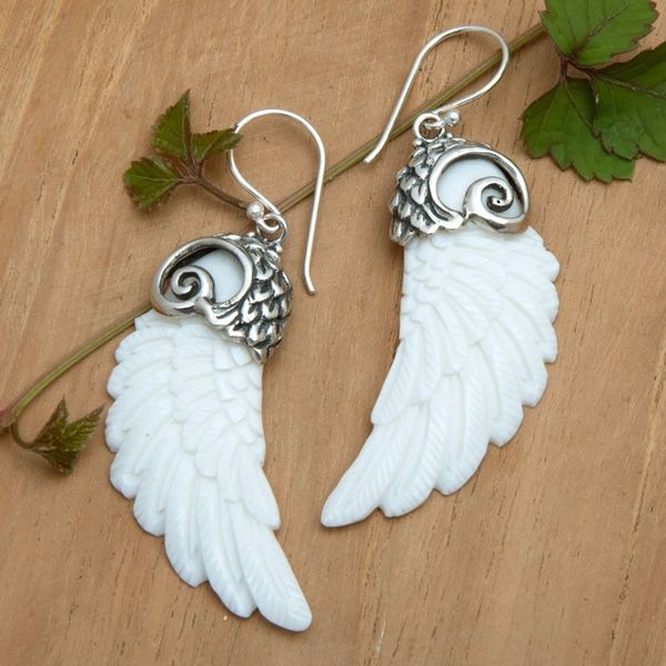 Alternate image for Wing-Shaped Sterling Silver Dangle Earrings in White Heaven Plumage