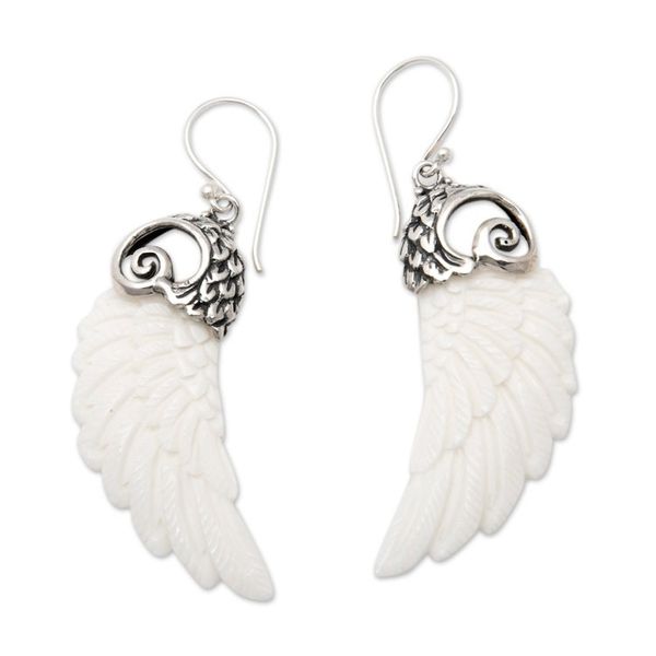 Alternate image for Wing-Shaped Sterling Silver Dangle Earrings in White Heaven Plumage