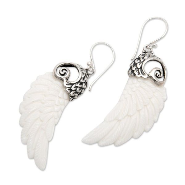Alternate image for Wing-Shaped Sterling Silver Dangle Earrings in White Heaven Plumage