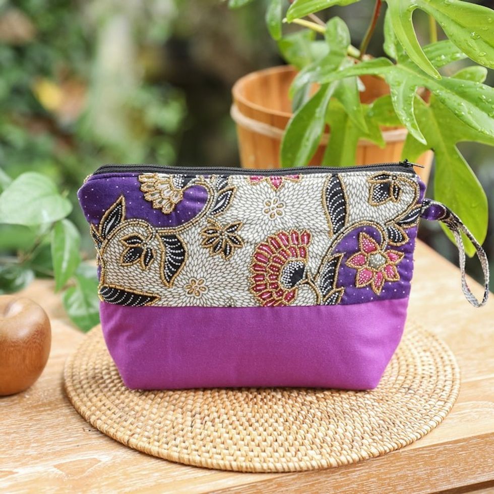 Embroidered Cotton Cosmetic Bag in Purple with Batik Motif 'Purple Blooming'