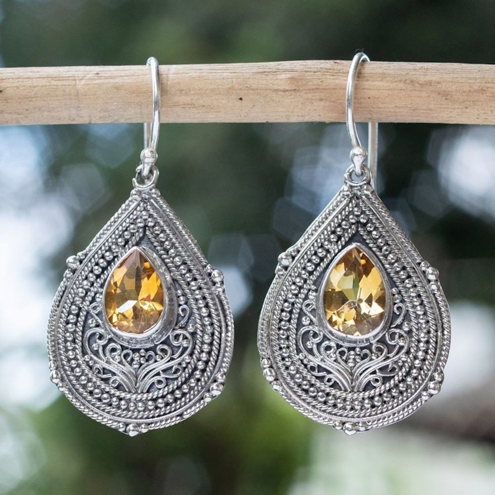 Teardrop Sterling Silver Dangle Earrings with Citrine Gems 'Princess Palace in Yellow'