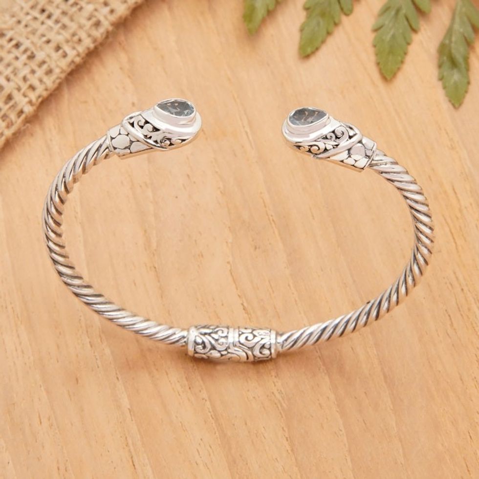 Balinese Sterling Silver Cuff Bracelet with Blue Topaz Gems 'Loyal Fates'