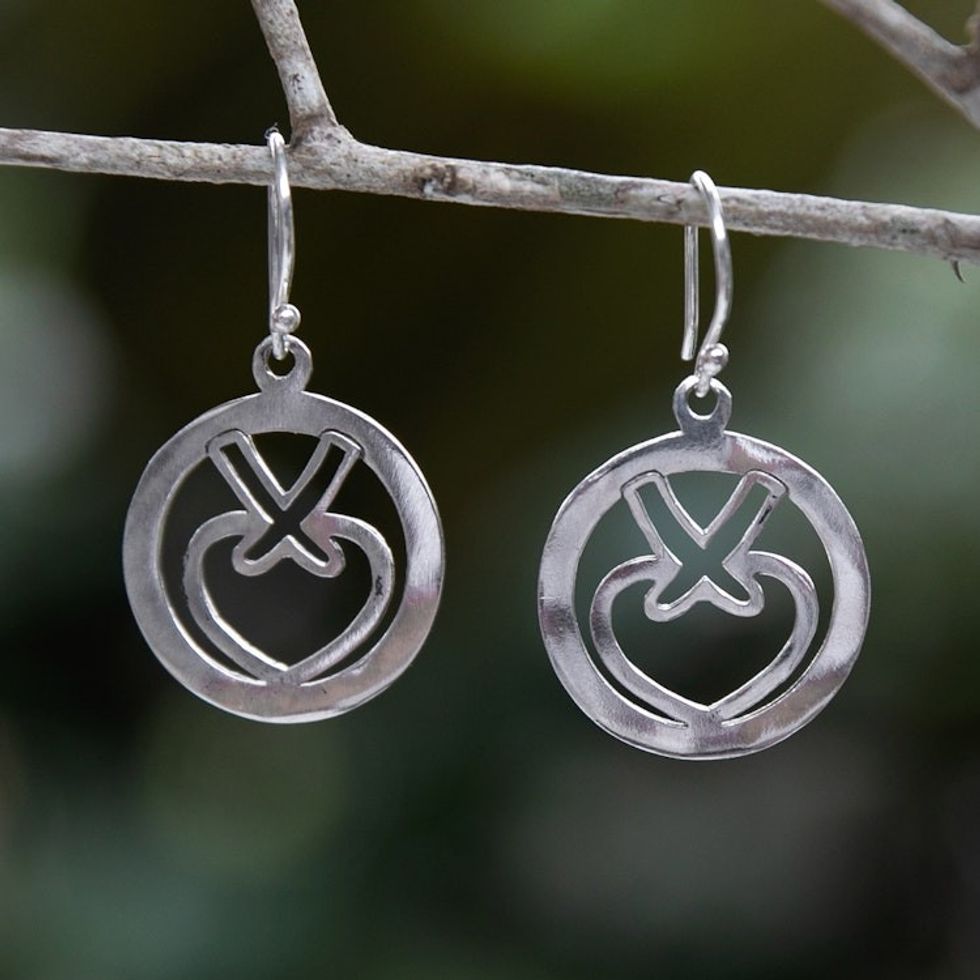 Heart-Themed Modern Round Sterling Silver Dangle Earrings 'Gift for Love'