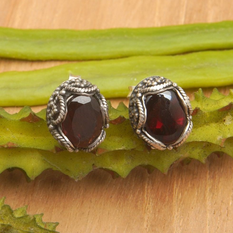 Sterling Silver Stud Earrings with Oval Garnet Stone 'Dainty Red'