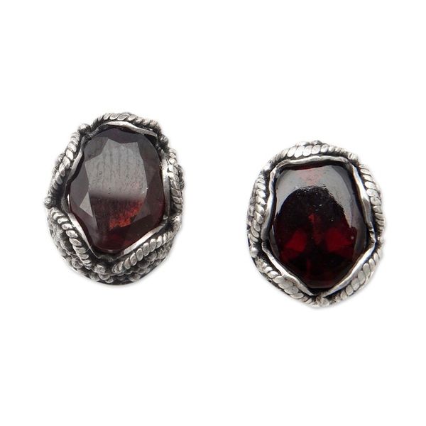 Alternate image for Sterling Silver Stud Earrings with Oval Garnet Stone Dainty Red