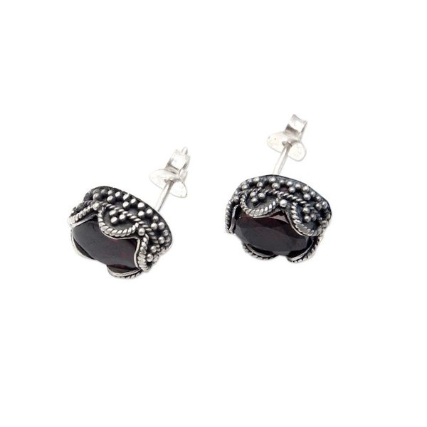 Alternate image for Sterling Silver Stud Earrings with Oval Garnet Stone Dainty Red