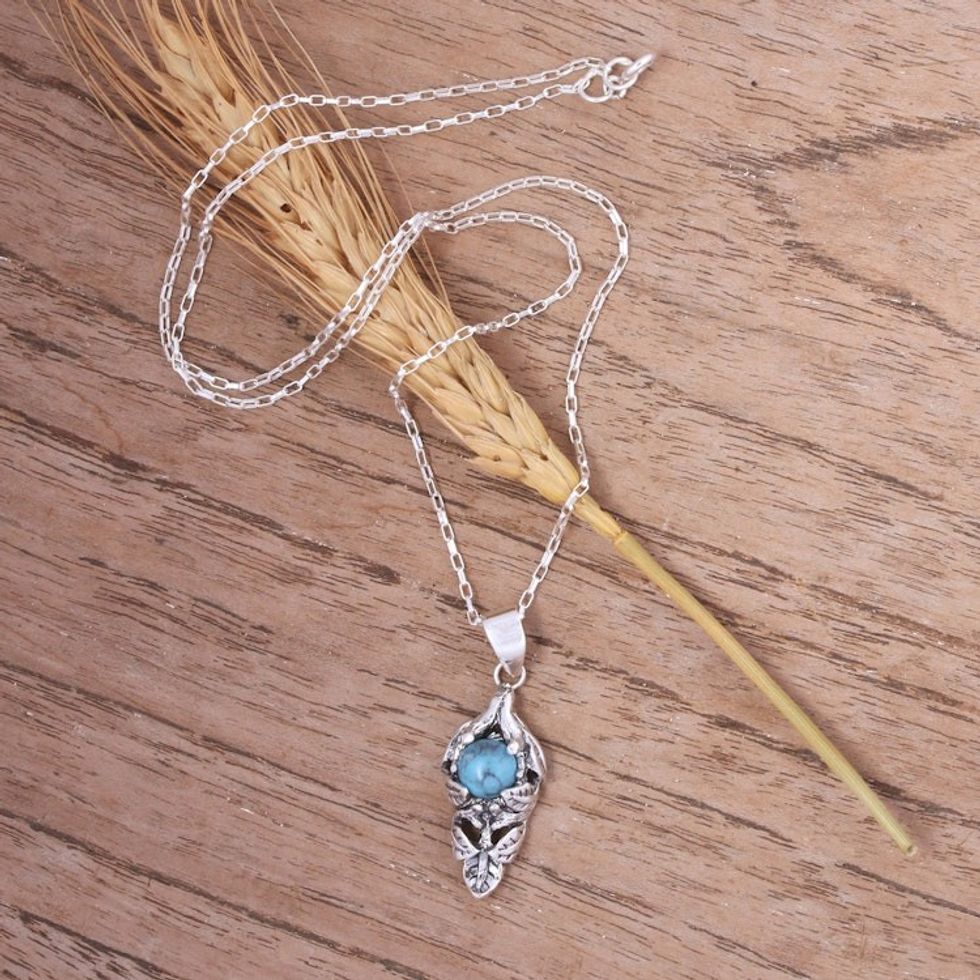 Leafy Sterling Silver and Recon Turquoise Pendant Necklace 'Tropical Bract'