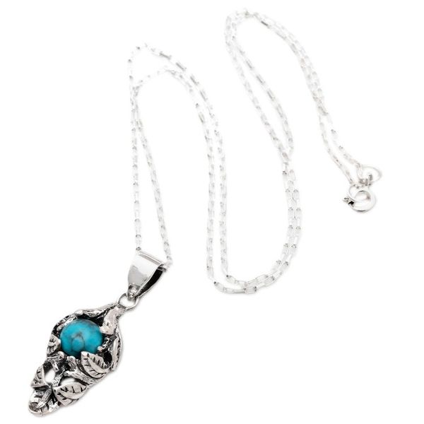 Alternate image for Leafy Sterling Silver and Recon Turquoise Pendant Necklace Tropical Bract