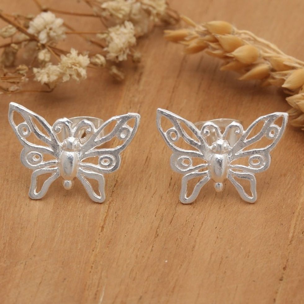 Matte Butterfly-Shaped Sterling Silver Button Earrings 'Butterfly Grace'
