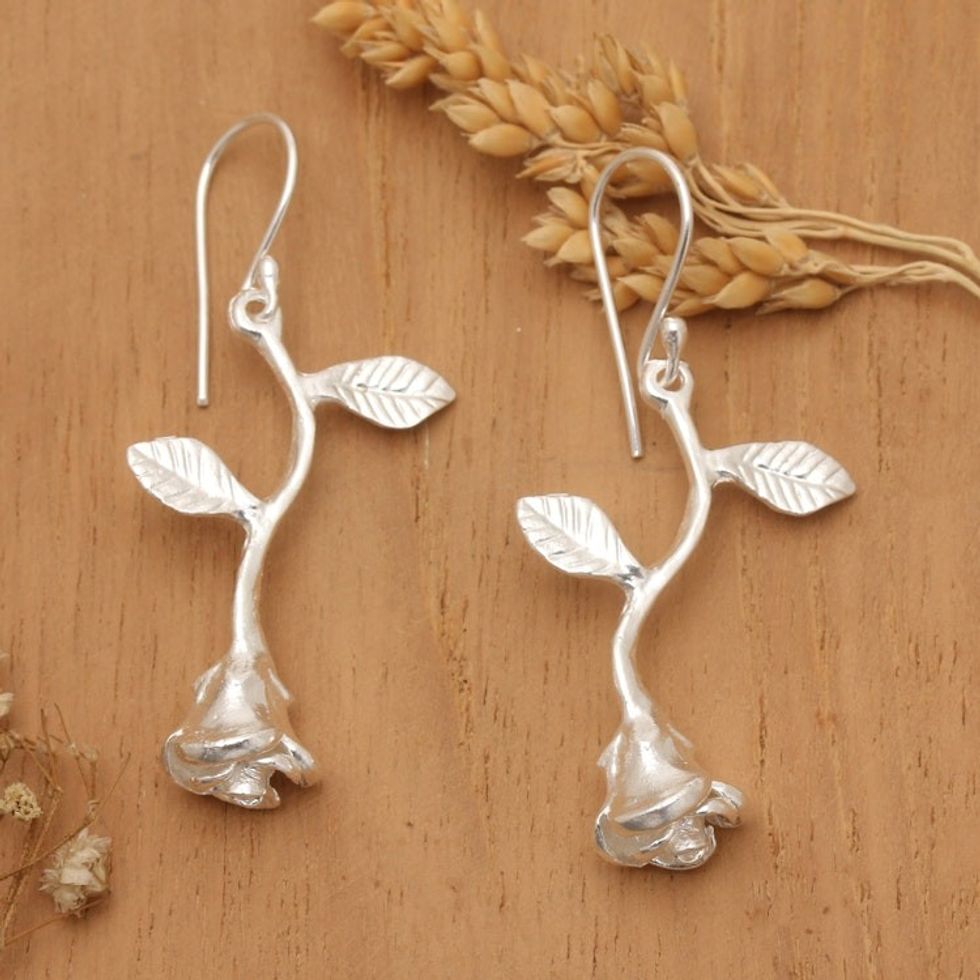 Matte Rose-Shaped Sterling Silver Dangle Earrings from Bali 'Valentine Spirit'