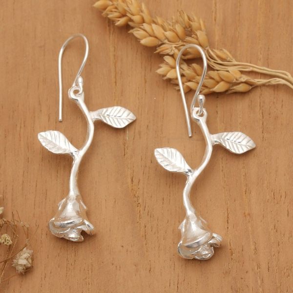 Alternate image for Matte Rose-Shaped Sterling Silver Dangle Earrings from Bali Valentine Spirit