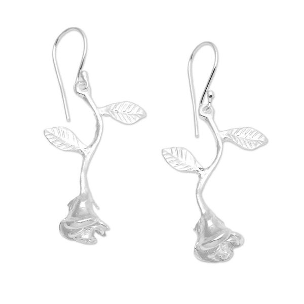 Alternate image for Matte Rose-Shaped Sterling Silver Dangle Earrings from Bali Valentine Spirit
