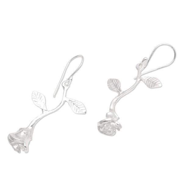 Alternate image for Matte Rose-Shaped Sterling Silver Dangle Earrings from Bali Valentine Spirit