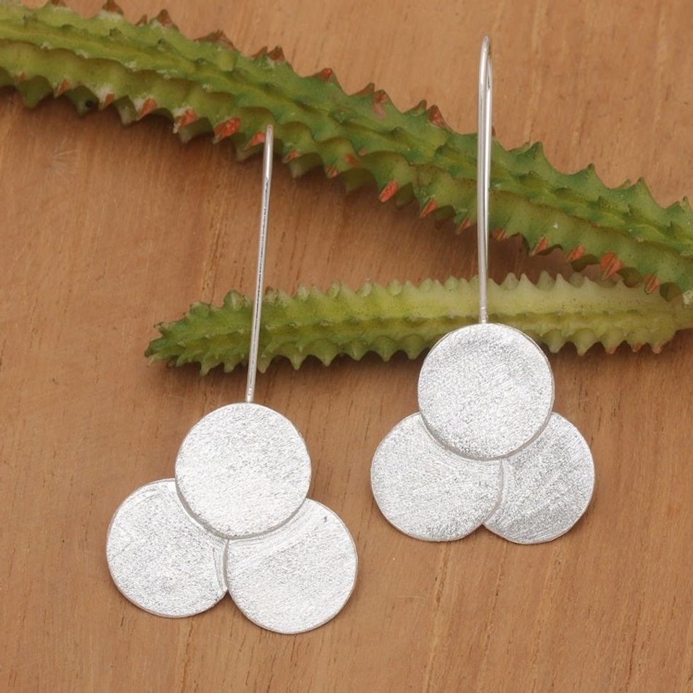Brushed-Satin Finished Modern Sterling Silver Drop Earrings 'Triple Moon'