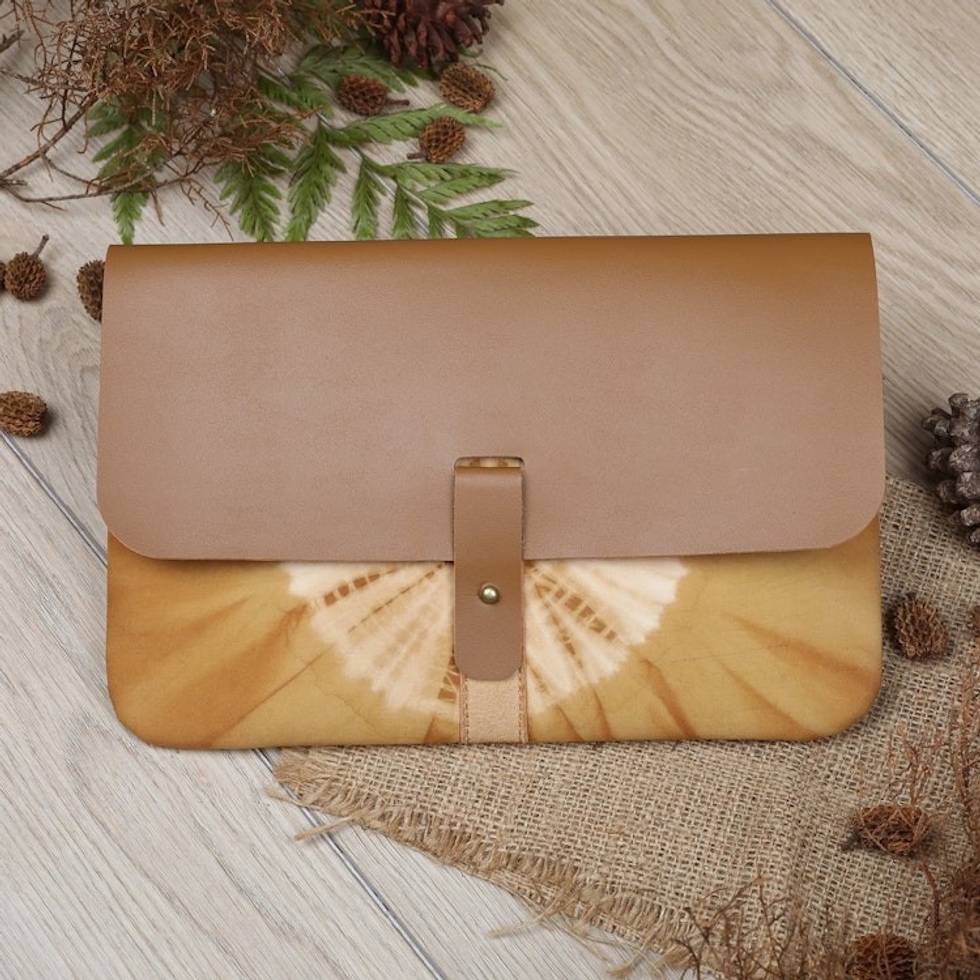 Brown Faux Leather and Cotton Clutch with Button Closure 'The Dandelion'
