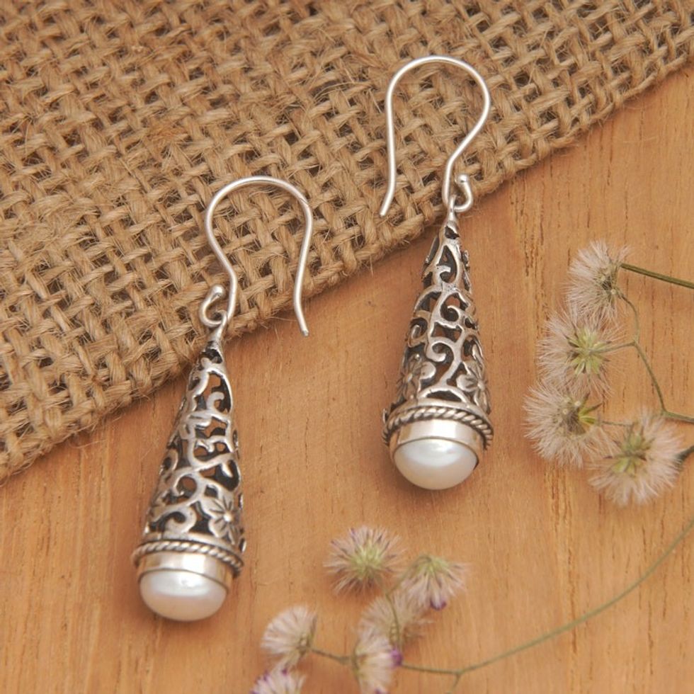 Vine and Floral-Themed Dangle Earrings with White Pearls 'Vine's Divine Bloom'