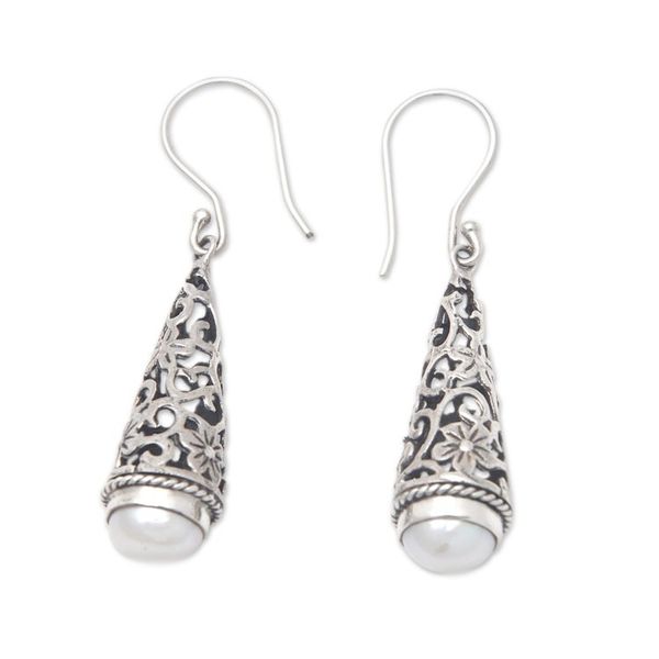 Alternate image for Vine and Floral-Themed Dangle Earrings with White Pearls Vines Divine Bloom