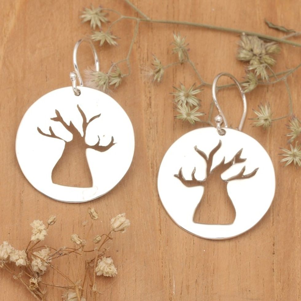 Polished Round Tree-Themed Sterling Silver Dangle Earrings 'Holy Tree'