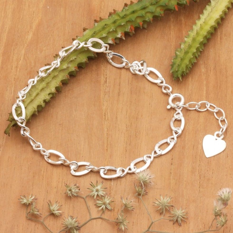 Romantic Sterling Silver Link Bracelet with Heart Charm 'You and Romantic Me'