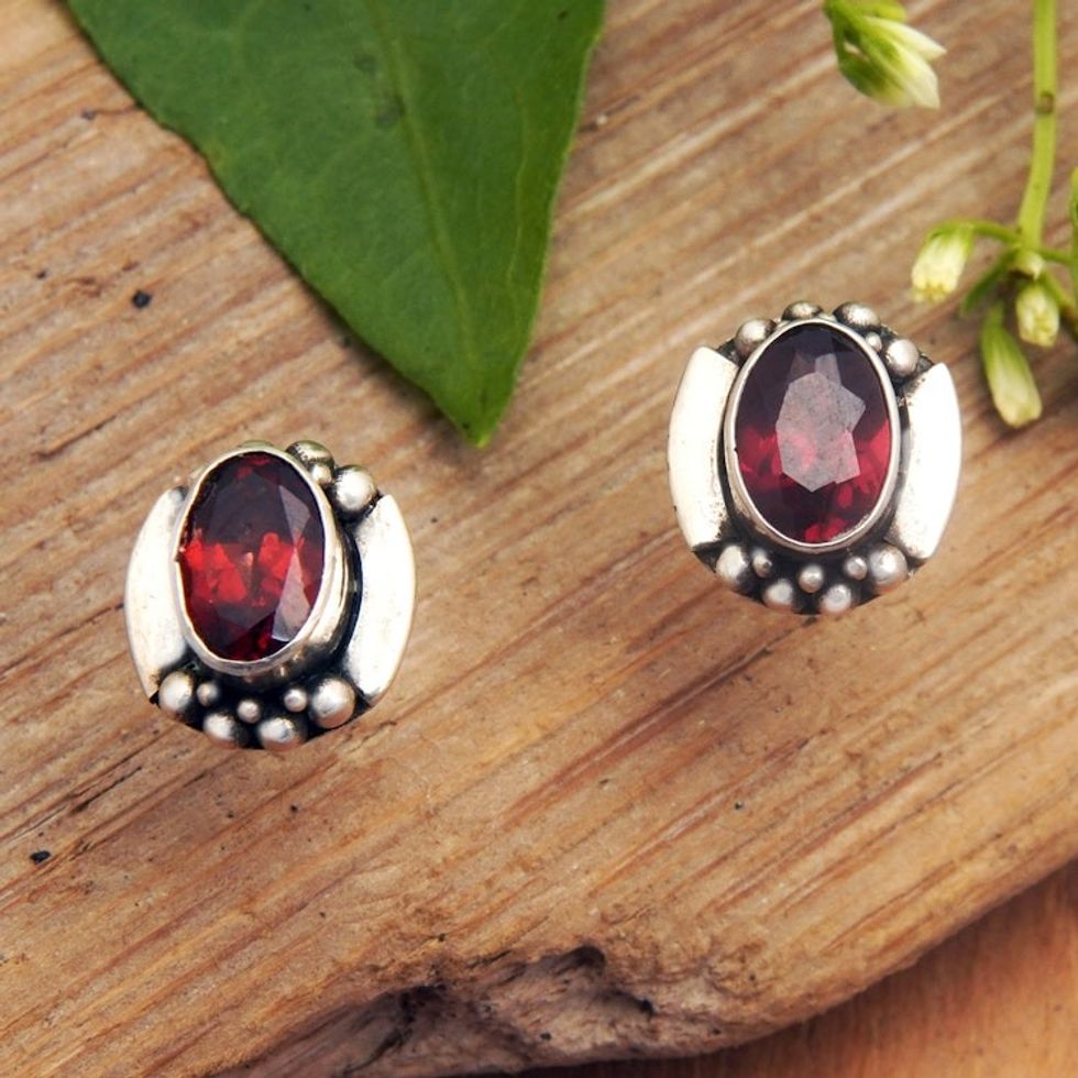 Natural Garnet Stud Earrings Made from Sterling Silver 'Red Miracle'