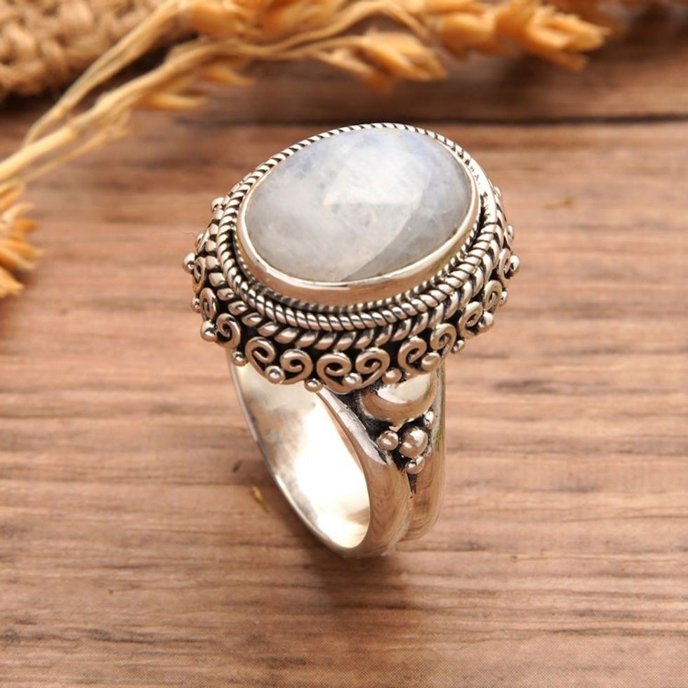 Traditional Natural Rainbow Moonstone Cocktail Ring 'Queen Moonlight'
