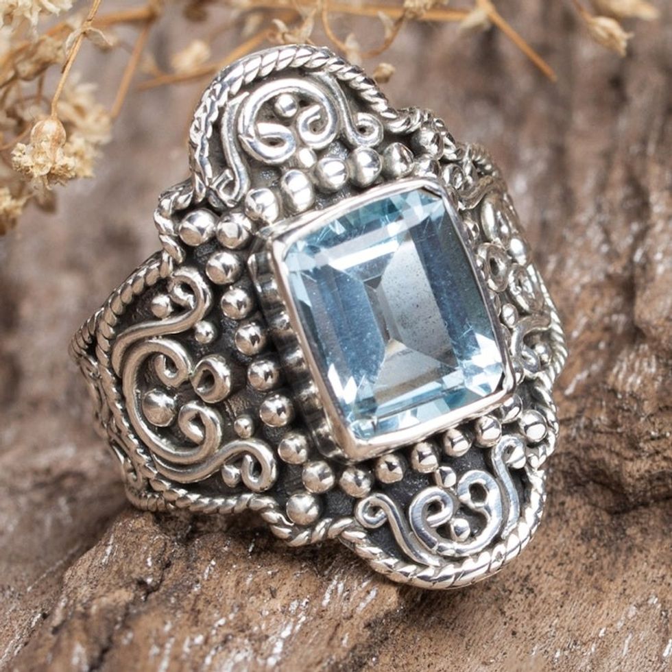 Sterling Silver Cocktail Ring with 3 Carat Blue Topaz Stone 'Precious Gem'