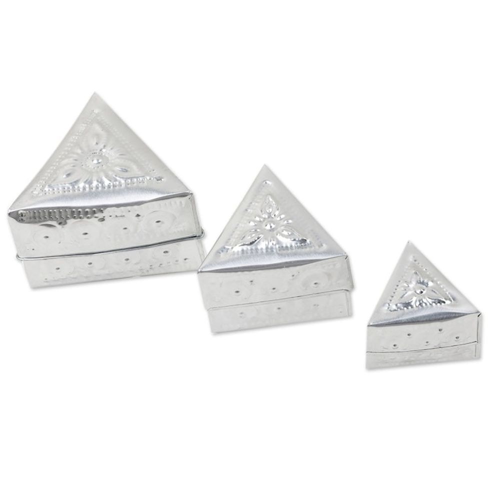 Set of 3 Repousse Triangular Aluminum Decorative Boxes 'Triangular Palace'