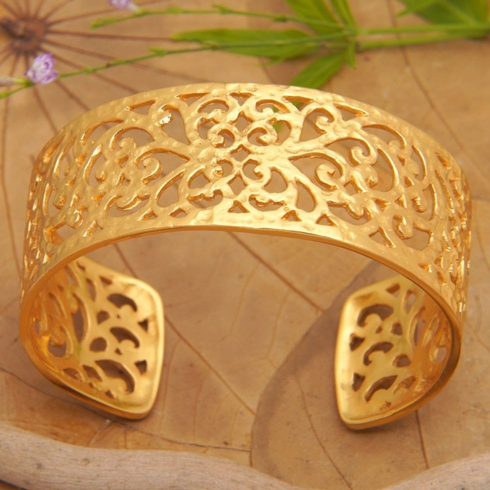 Classic Vine-Themed 22k Gold-Plated Cuff Bracelet from Bali 'Enchanting Gianyar'