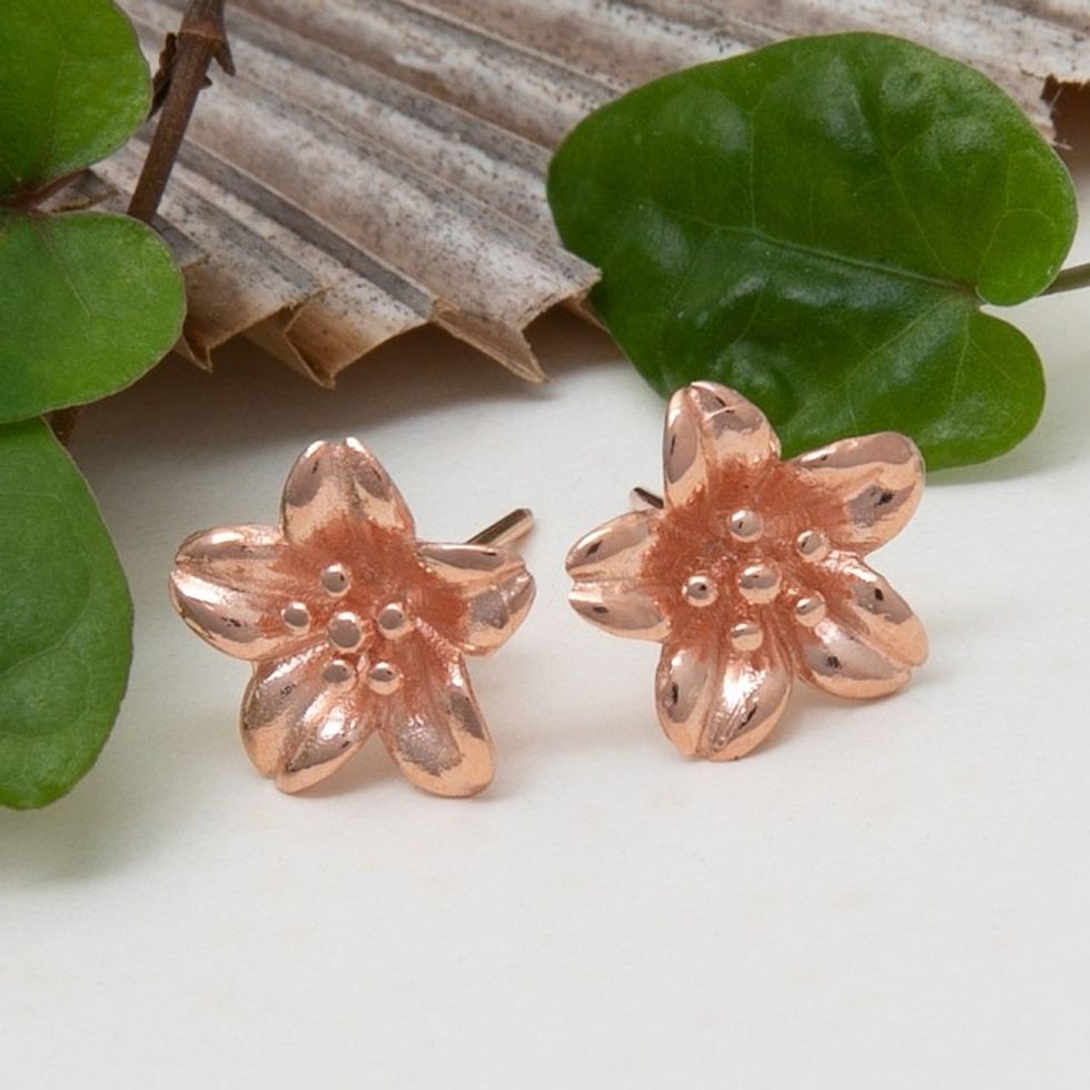 18k Rose Gold-Plated Floral Sterling Silver Button Earrings 'Spring Frangipani'