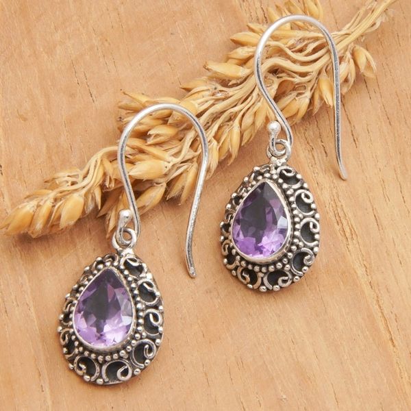Alternate image for Sterling Silver Dangle Earrings with One-Carat Amethyst Gems Luxurious Winds in Purple