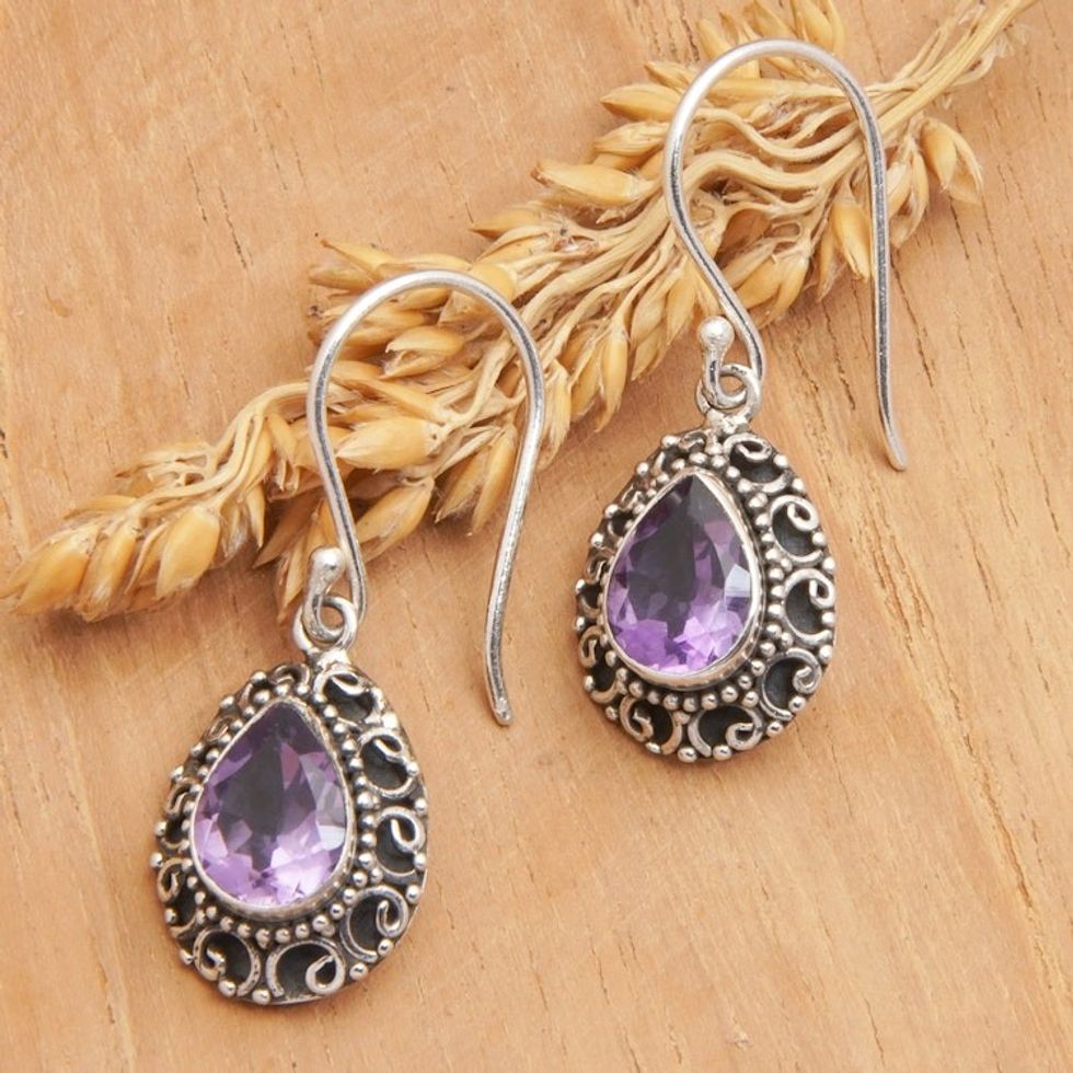 Sterling Silver Dangle Earrings with One-Carat Amethyst Gems 'Luxurious Winds in Purple'