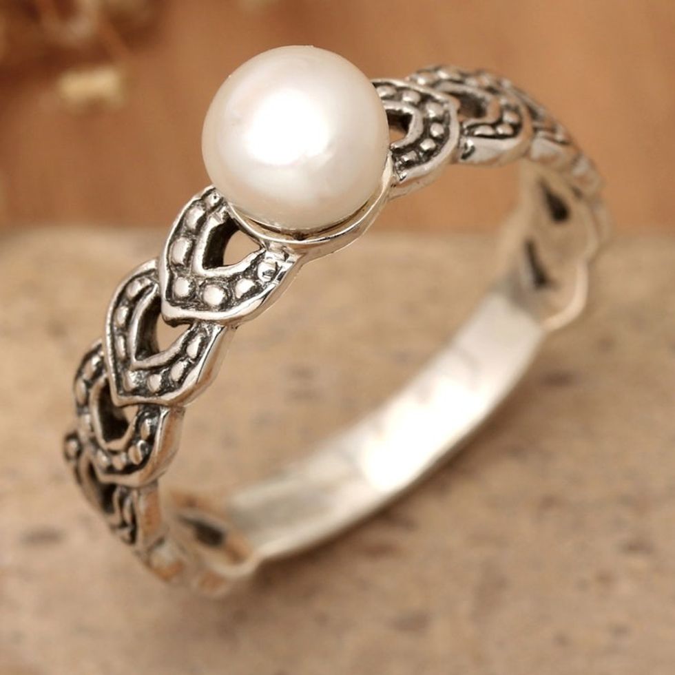 Traditional White Cultured Pearl Single Stone Ring 'Braided Deity'