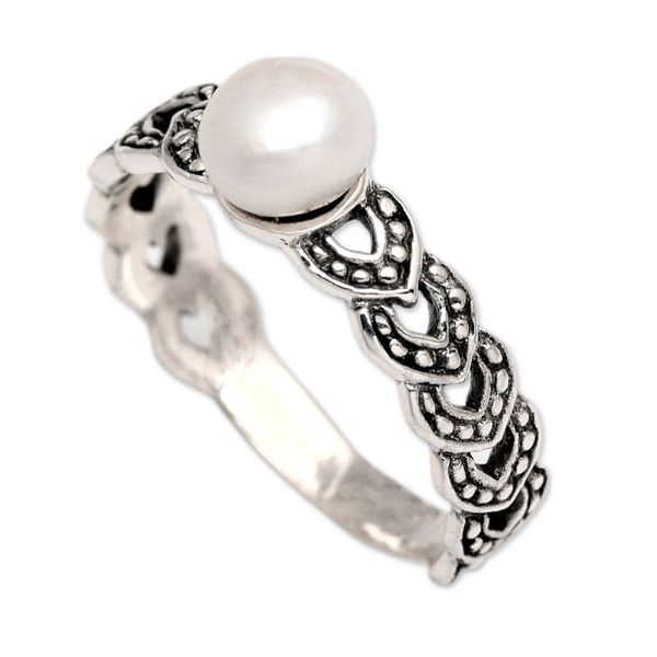 Alternate image for Traditional White Cultured Pearl Single Stone Ring Braided Deity