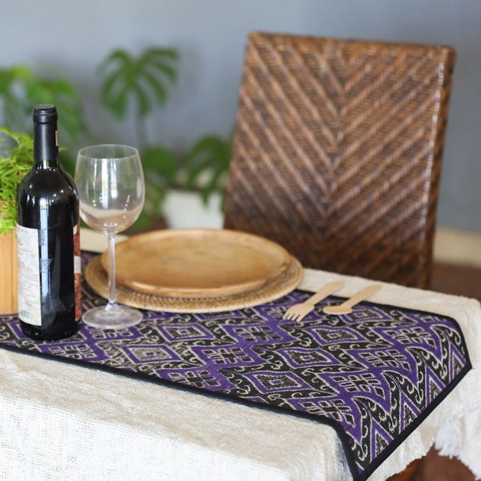 Cotton Natural Fiber 5-Piece Set of Table Runner Placemats 'Purple Diamond'