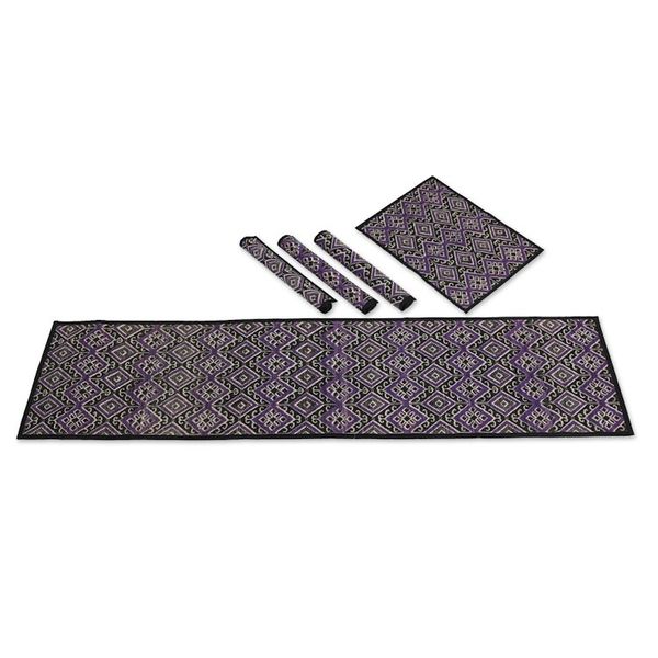Alternate image for Cotton Natural Fiber 5-Piece Set of Table Runner Placemats Purple Diamond