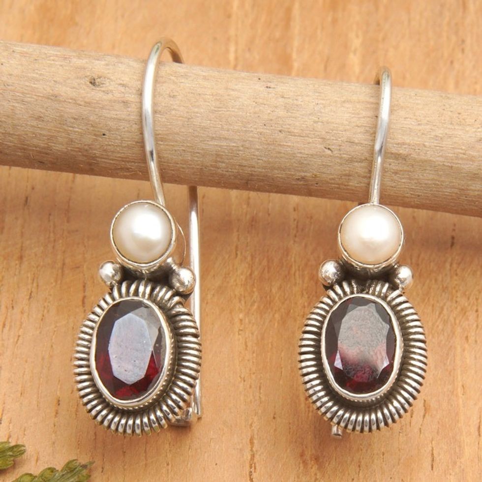 Sterling Silver Drop Earrings with Cultured Pearl and Garnet 'Perfect Duo'