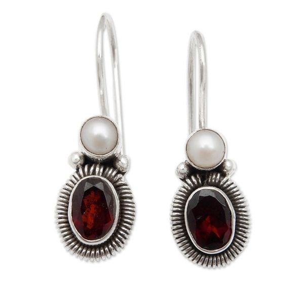Alternate image for Sterling Silver Drop Earrings with Cultured Pearl and Garnet Perfect Duo